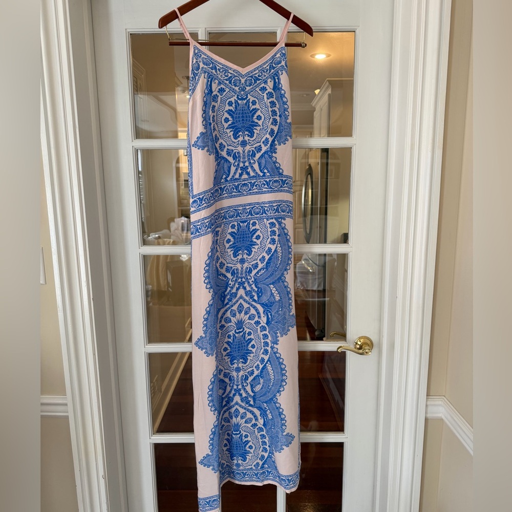 Mediterranean Blue Pink  Maxi Dress Spaghetti Strap Euro Summer Boho  Chic S